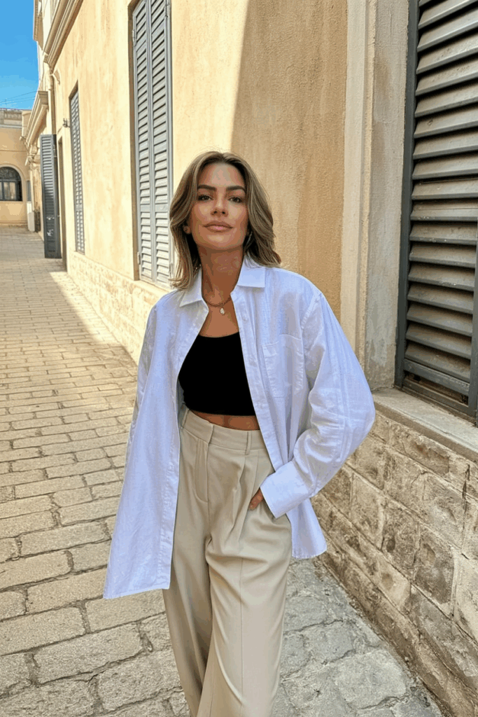 woman wearing an oversized white shirt tucked into beige high-waisted trousers