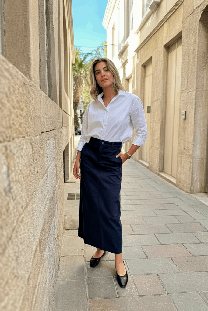 A woman wearing a navy straight-cut skirt that grazes the ankles, styled with a structured white shirt tucked in, and minimal black flats