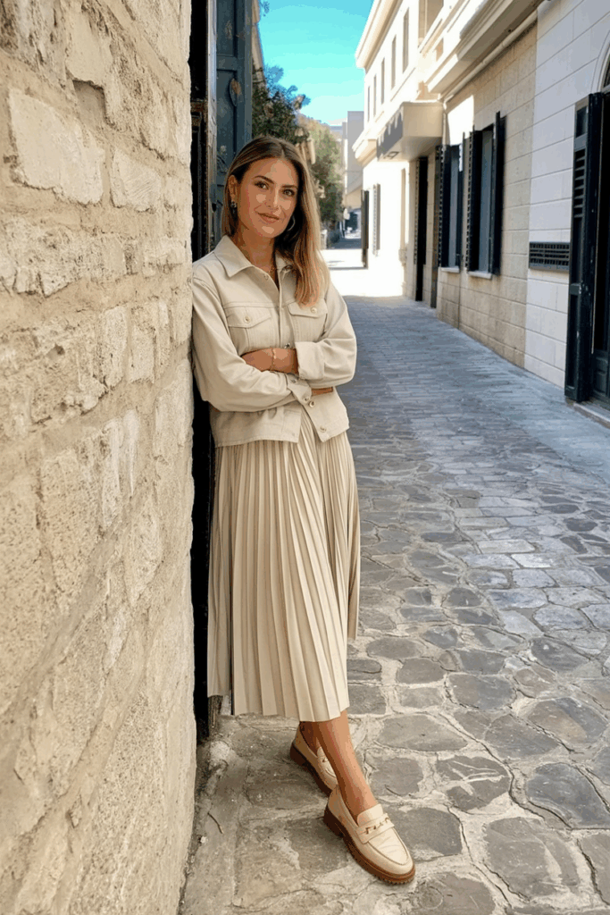 woman wearing beige leather loafers, pleated skirt