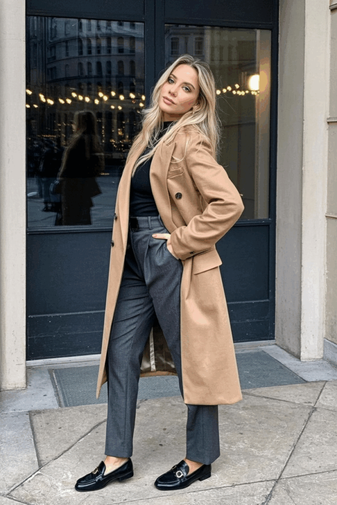 A woman wearing a structured camel double-breasted coat over a charcoal midi skirt and black tights with black loafers