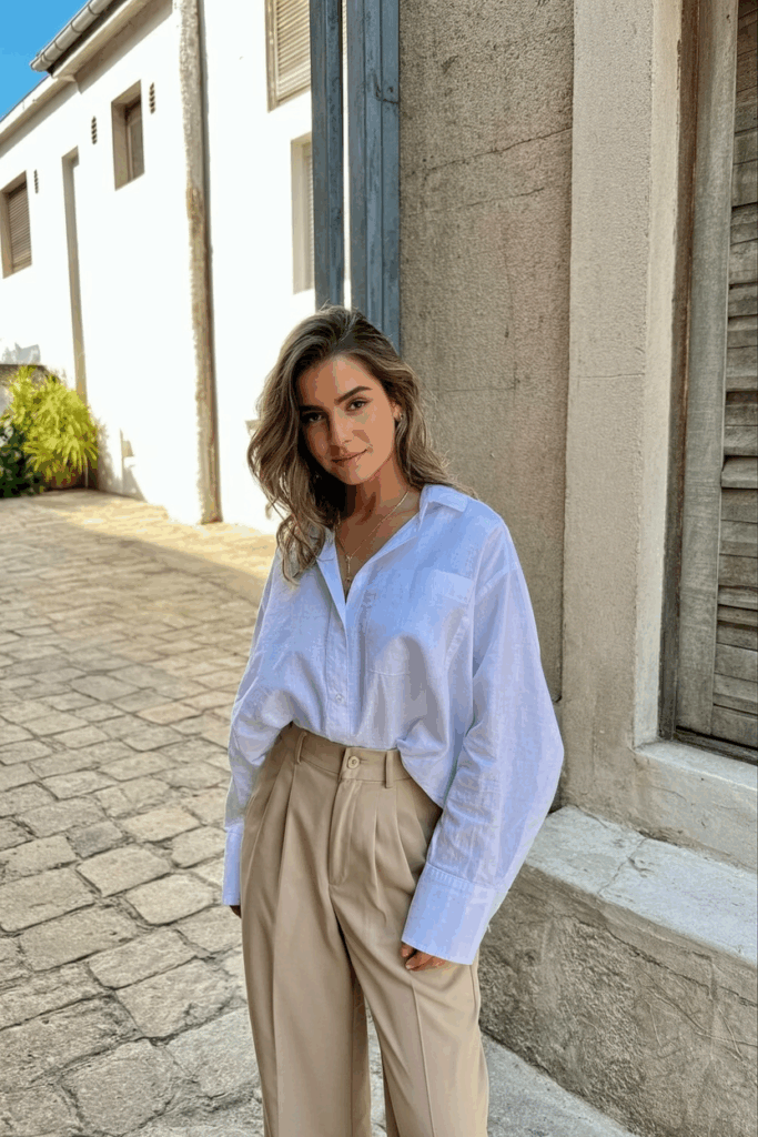 woman wearing an oversized white shirt tucked into beige high-waisted trousers with beige leather ballets flats