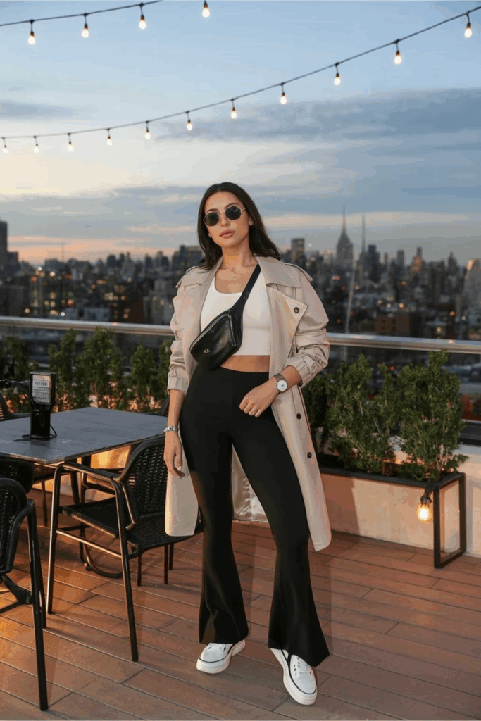 A woman in black flare leggings, a neutral trench coat, white leather sneakers, and a crossbody belt bag. She wears aviator sunglasses and a watch