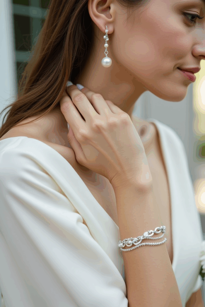 A woman accessorizing her wedding guest outfit with a classic pair of pearl earrings and a delicate bracelet, complementing her 3/4-sleeve dress