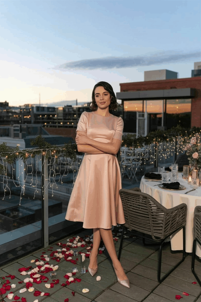 a woman in a beautiful blush tea-length dress with fitted sleeve