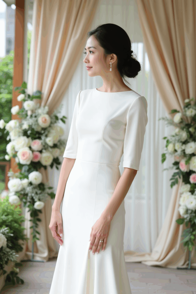 a woman in a beautiful tea-length dress with fitted sleeve