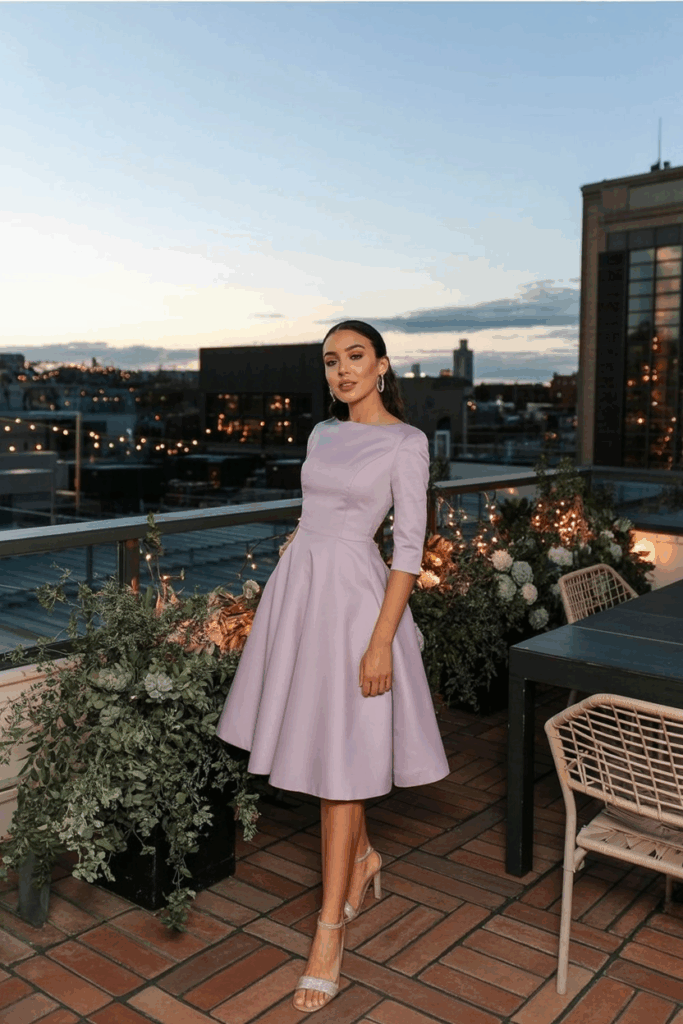 A woman in a beautifully tailored lavender A-line dress with 3/4 sleeves dress with fitted sleeve