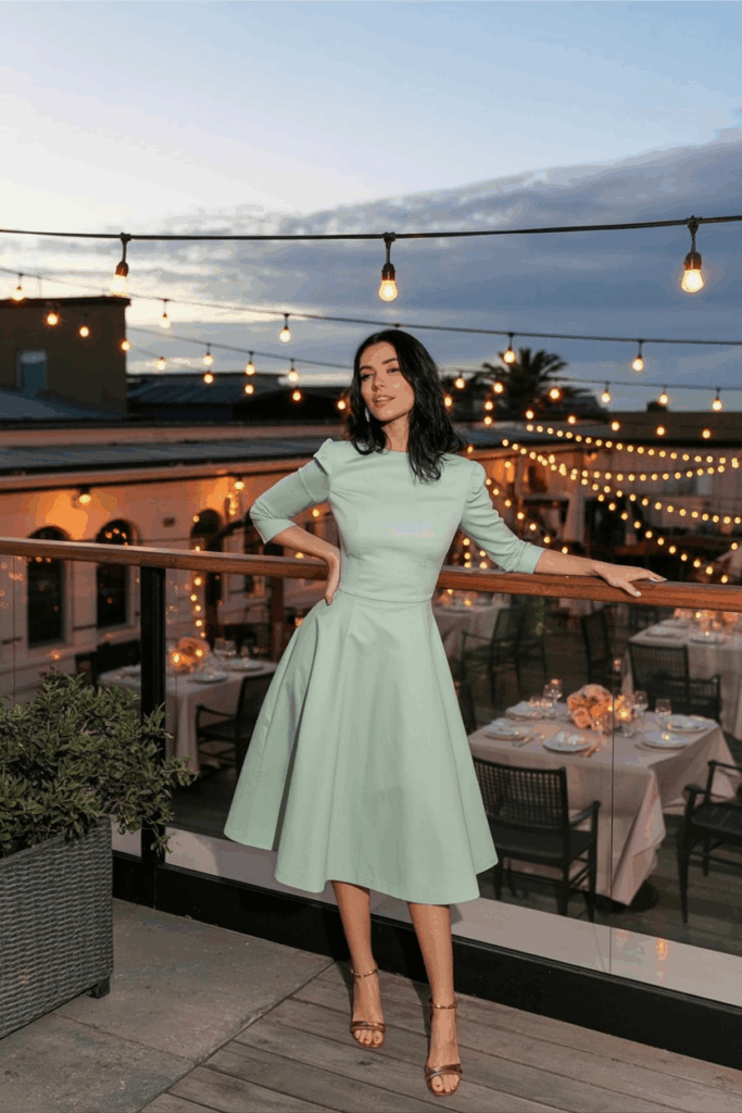 A woman in a beautifully tailored mint green A-line dress with 3/4 sleeves dress with fitted sleeve