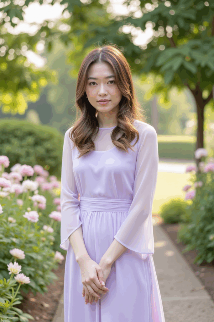 A woman in a pale lavender dress with 3/4 sleeves
