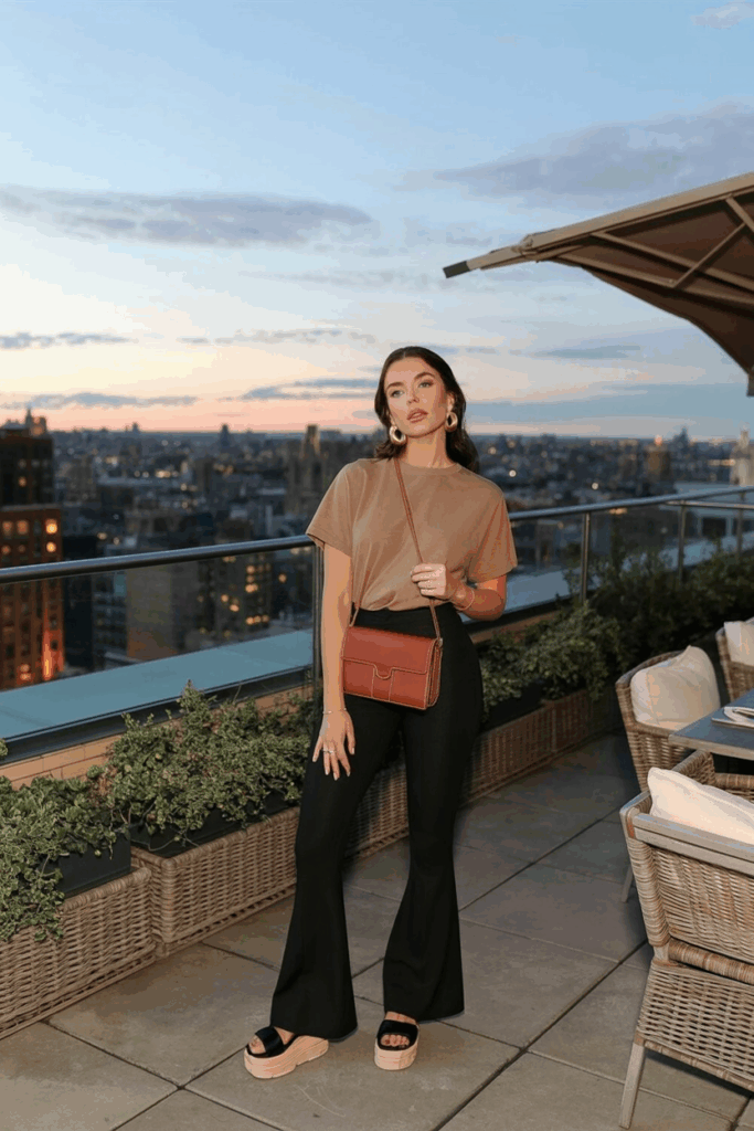 A woman in black flare leggings, a lightweight tan tee, a chestnut leather crossbody bag, gold huggie earrings, and platform sandals. Her nails are neatly polished in nude