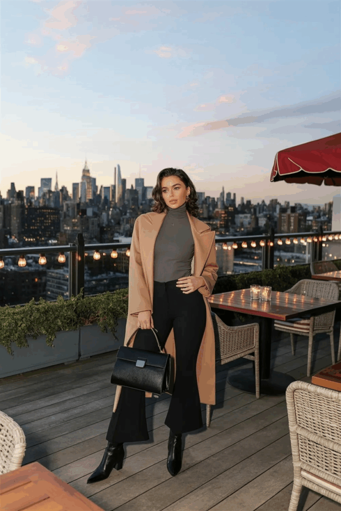 A woman in black flare leggings just grazing the tops of sleek black leather ankle boots with a subtle heel, a fitted charcoal turtleneck, and a longline camel coat. She carries a structured black handbag
