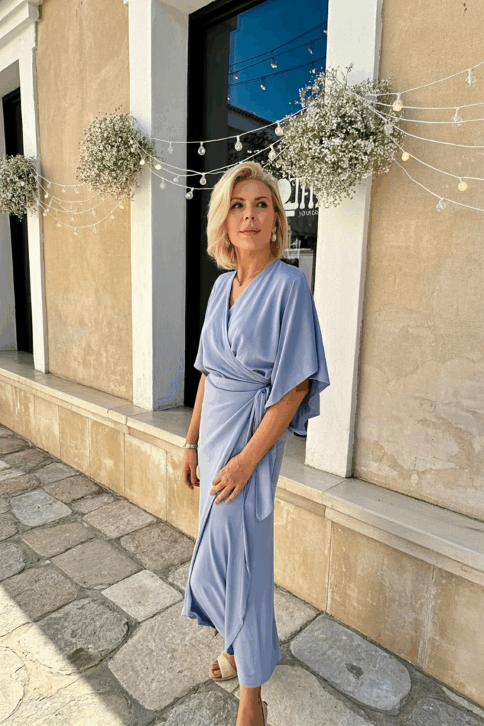 A woman in her 50s wearing a lavender wrap dress