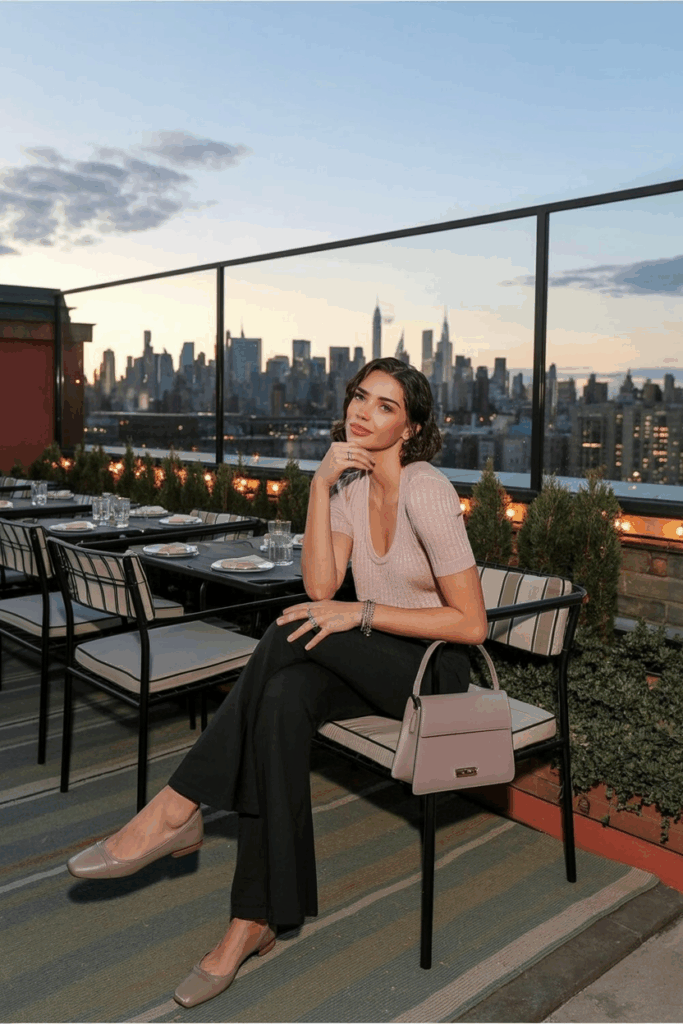 A woman seated in black flare leggings, a soft knit top in blush pink, taupe ballet flats, and a structured mini handbag. Her hair is in loose waves and she wears a dainty ring stack