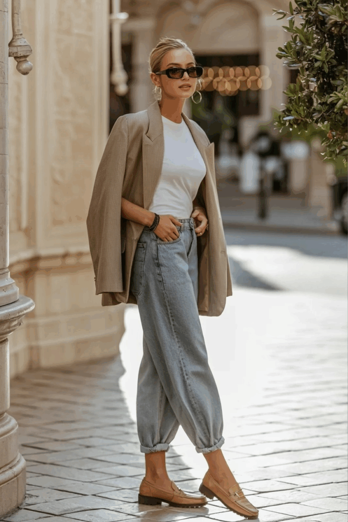 A woman wearing a beige oversized blazer, white tee, baggy jeans, tan loafers, oversized sunglasses