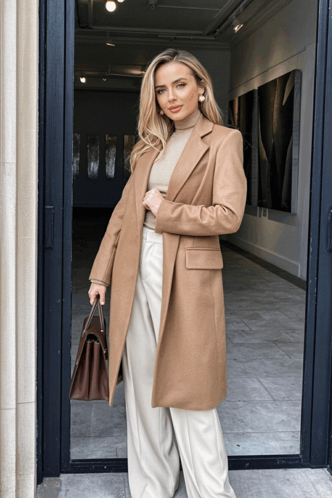 A woman wearing a camel wool wrap coat over a soft turtleneck and wide-leg cream trousers, carrying a leather structured handbag.