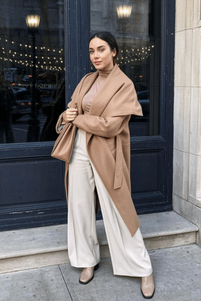 A woman wearing a camel wool wrap coat over a soft turtleneck and wide-leg cream trousers, carrying a leather structured handbag. She wears almond-toe ankle boots
