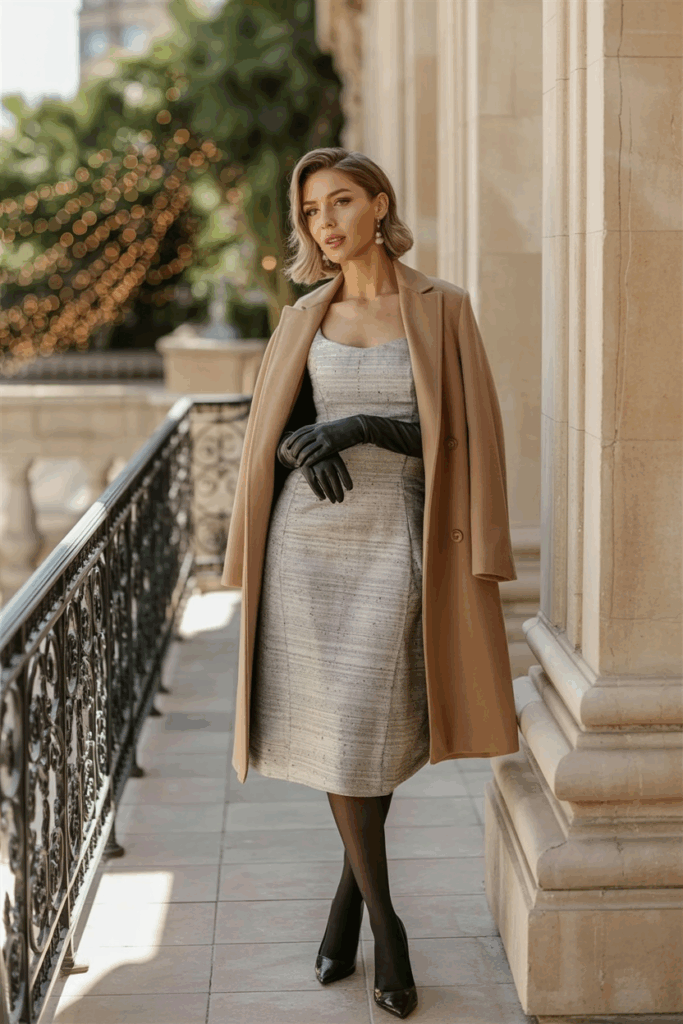A woman wearing a charcoal wool crepe sheath dress, black cashmere tights, layered under a camel overcoat, with leather gloves