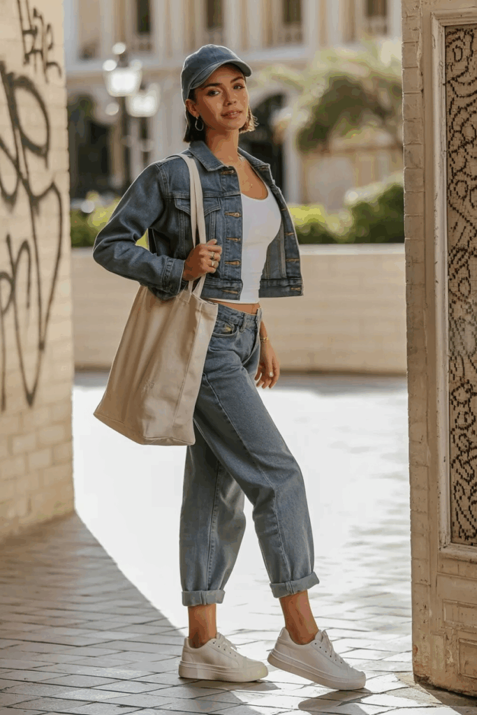 A woman wearing a cropped denim jacket over a white fitted tank, baggy jeans rolled at the cuffs, white sneakers, a canvas tote, a baseball cap