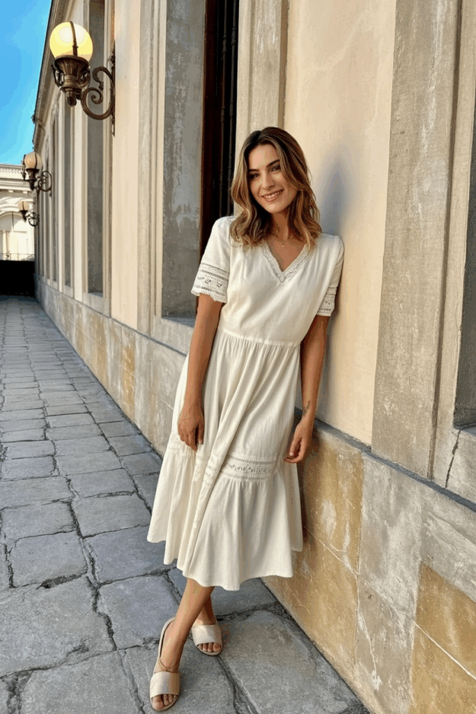 a woman wearing a ivory Tea-length dress.