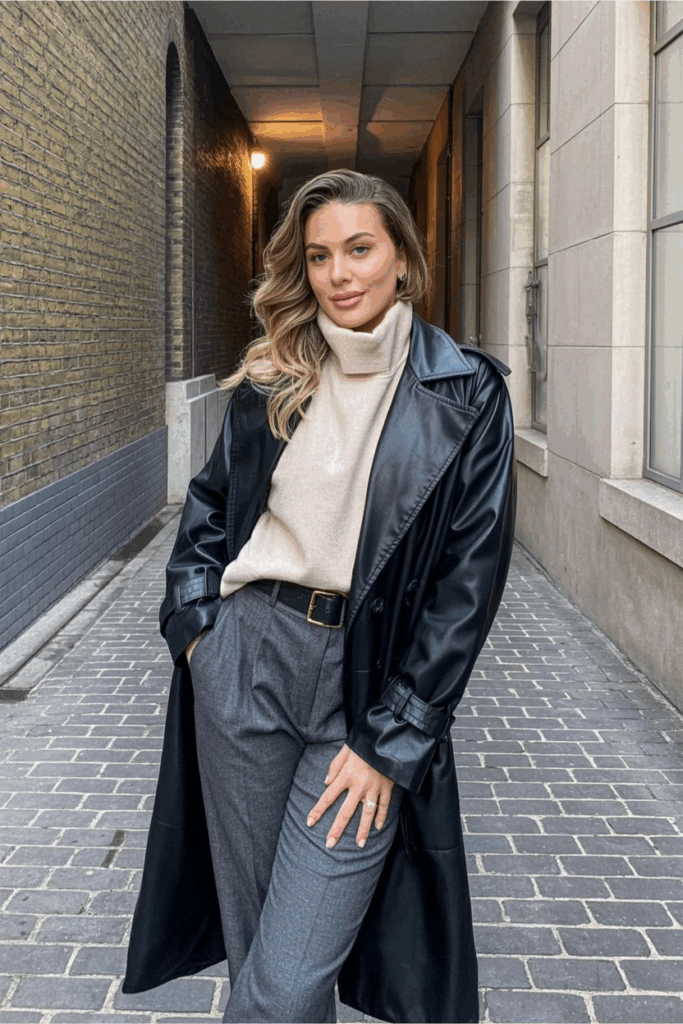 A woman wearing a long black vegan leather trench coat with structured shoulders and a belted waist. Underneath, she wears a soft turtleneck sweater and tapered wool trousers.