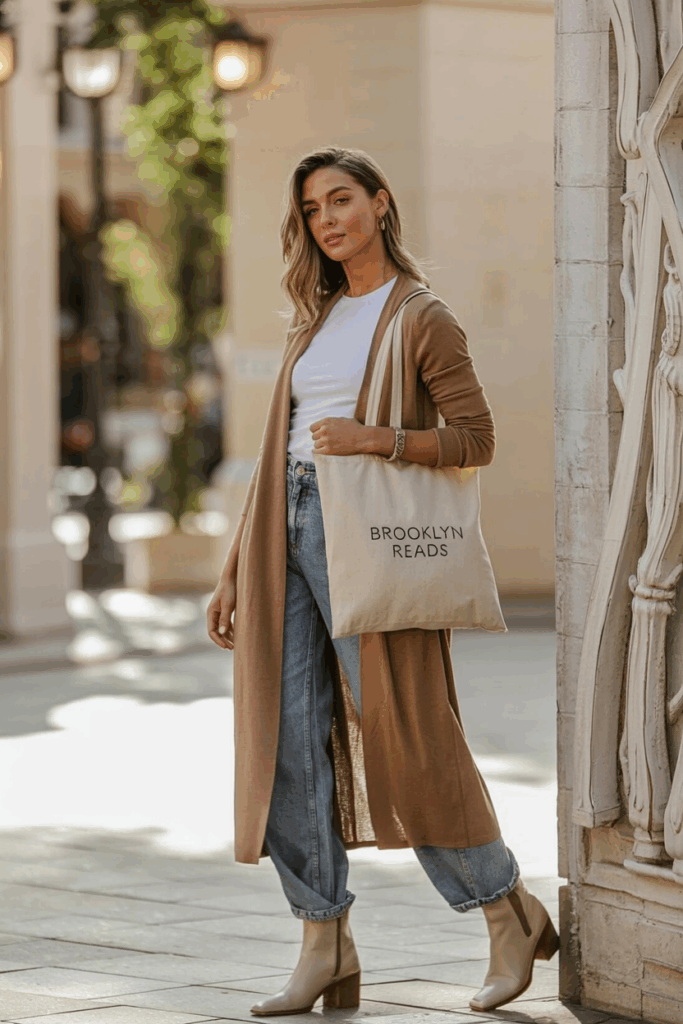 A woman wearing a long camel cardigan over a white tee and baggy jeans, beige ankle boots, a canvas tote bag,