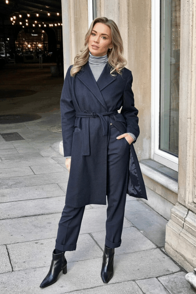 A woman wearing a navy wrap coat belted at the waist over a striped turtleneck and tailored trousers. She carries a wool tote and wears low-heeled boots