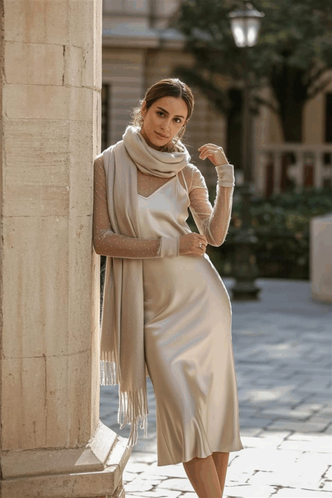 A woman wearing a pale champagne satin midi dress with sheer long sleeves layered over nude thermal leggings, a cashmere scarf