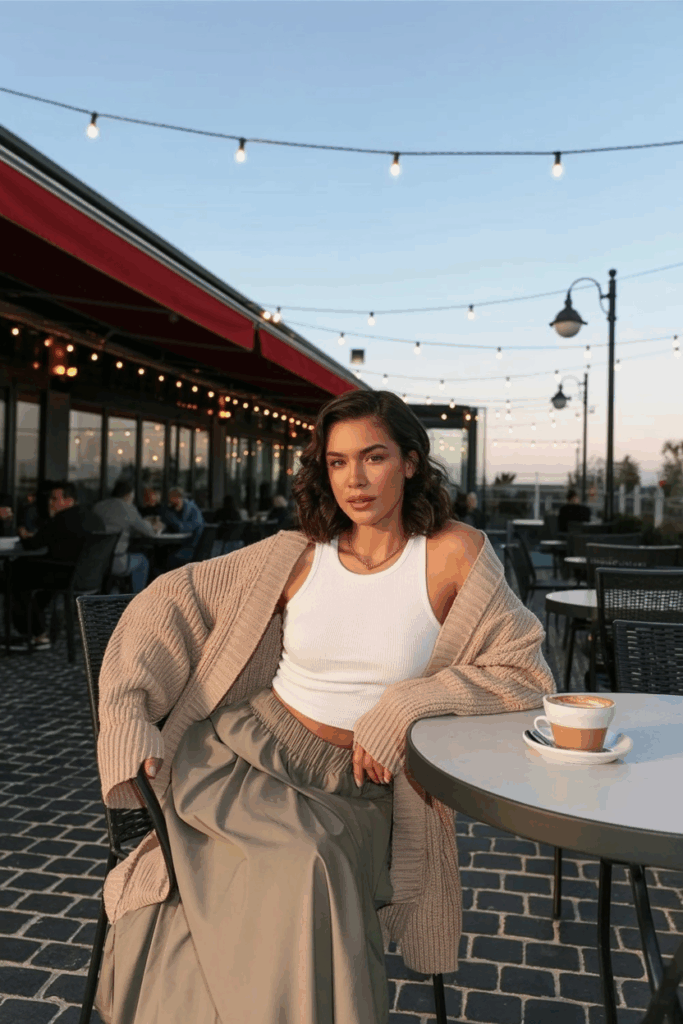 A woman wearing a pale taupe cotton maxi skirt, a fitted white ribbed tank tucked in, and a soft knit cardigan in oatmeal draped over her shoulders.