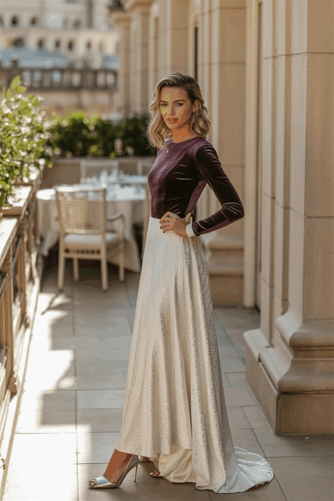 A woman wearing a plum velvet long-sleeve top with an off-white hem long skirt, black opaque wool tights, and silver closed-toe heels