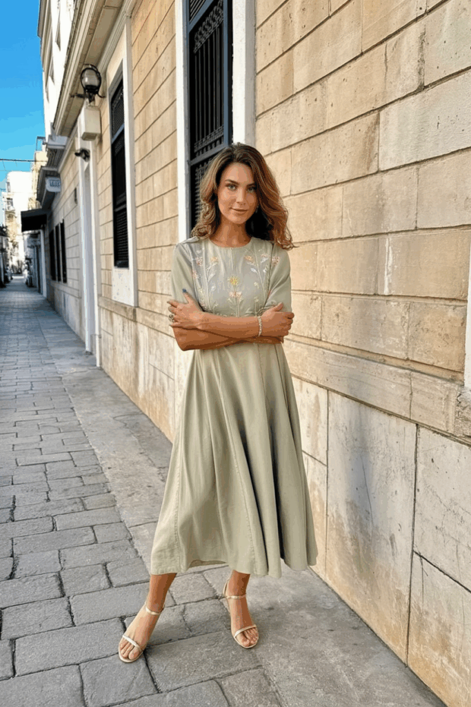 a woman wearing a sage green Tea-length dress