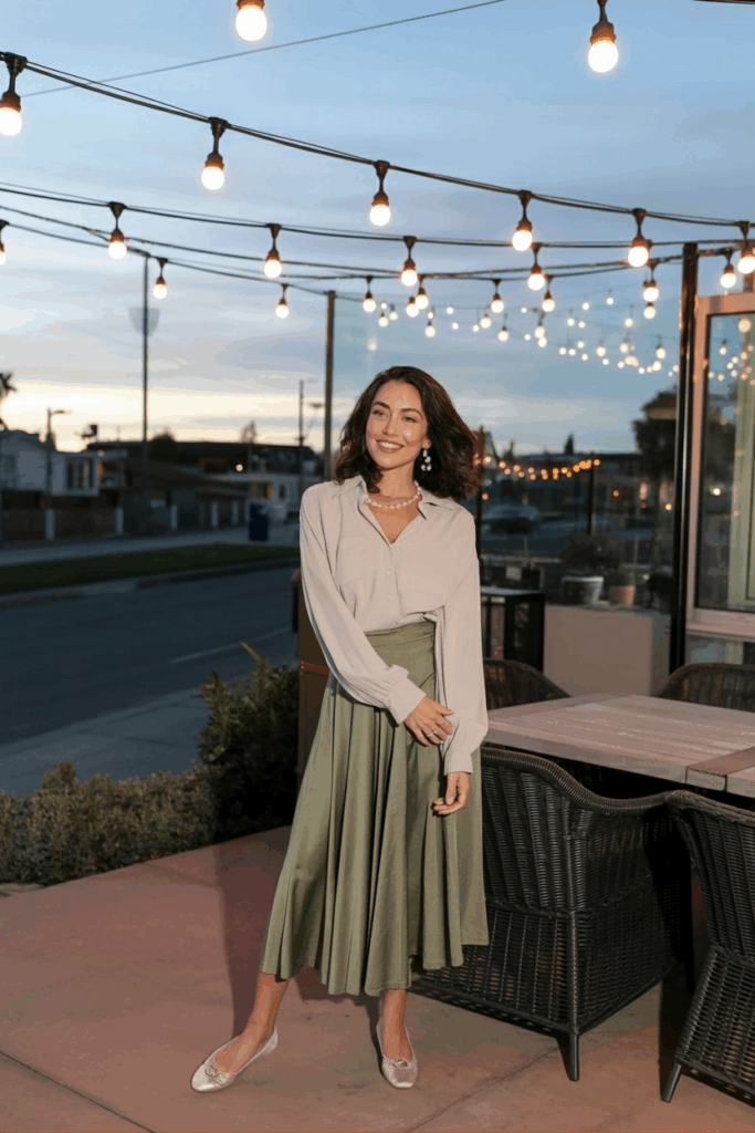 A woman wearing a silky olive wrap skirt, a long-sleeve cream blouse, ballet flats, and pearl earrings