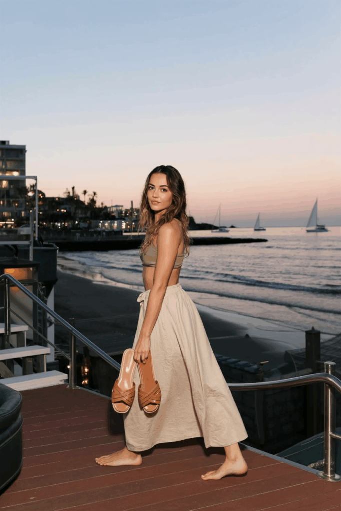 A woman wearing a soft beige linen maxi skirt and tan leather slide sandals with crisscross straps.