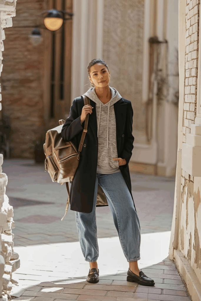 A woman wearing a structured black coat layered over a grey hoodie and baggy jeans, black loafers, a leather backpac