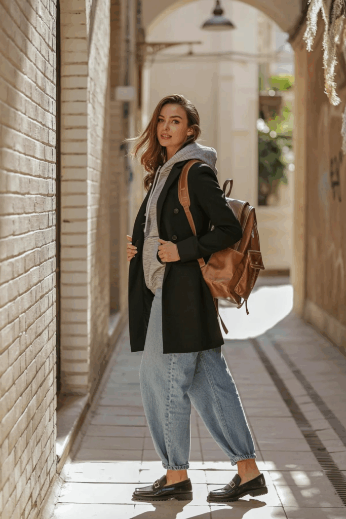 A woman wearing a structured black coat layered over a grey hoodie and baggy jeans, black loafers, a leather backpack