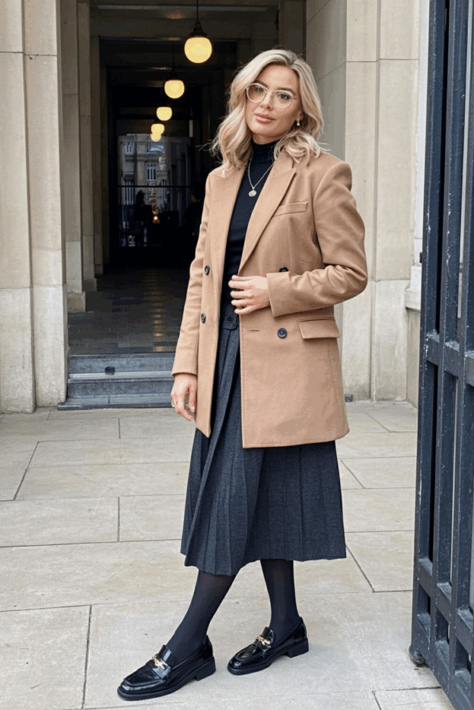 A woman wearing a structured camel double-breasted coat over a charcoal midi skirt and black tights. Her loafers and gold-rimmed glasses
