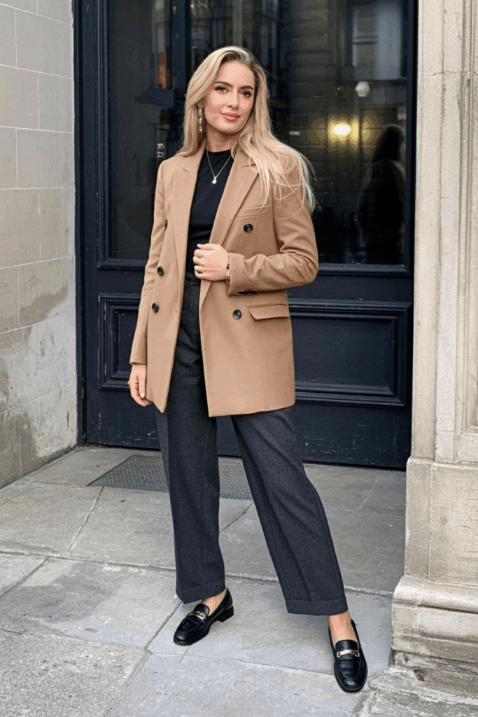 A woman wearing a structured camel double-breasted coat over a charcoal midi skirt and black tights with black loafers