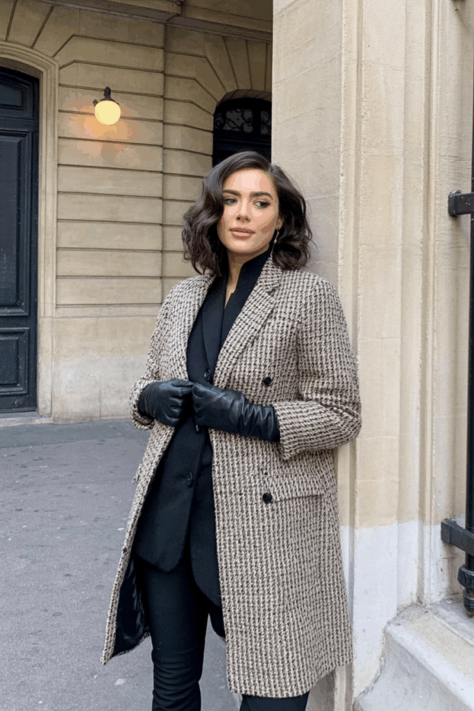 A woman wearing a textured tweed coat in shades of black and cream over a monochrome tan ensemble. She finishes the look with black leather gloves
