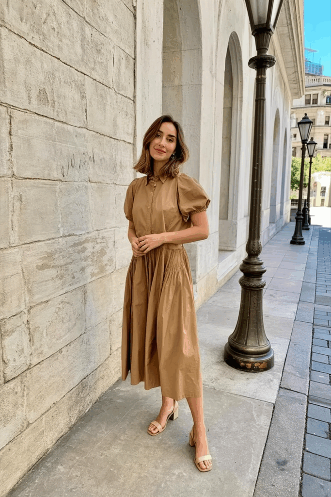 a woman wearing a warm tan Tea-length dress
