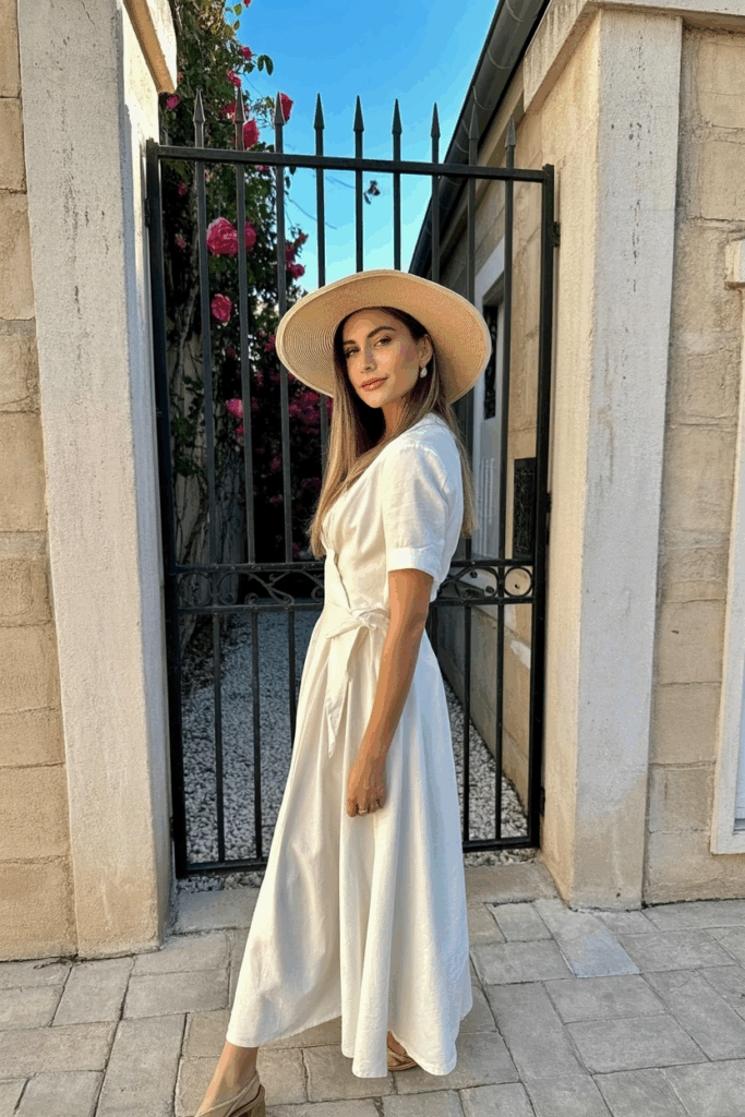 a woman wearing a white Tea-length dress wearing a straw hat