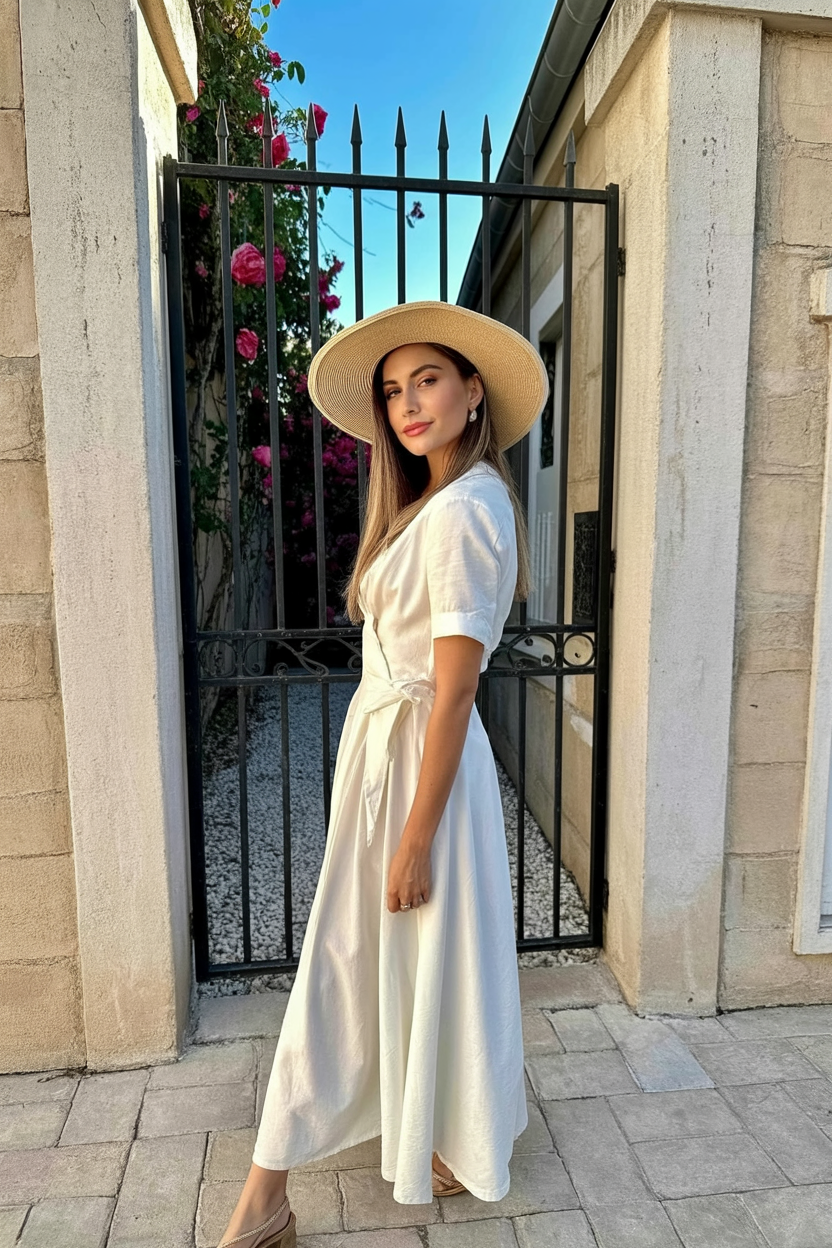 a woman wearing a white Tea-length dress wearing a straw hat