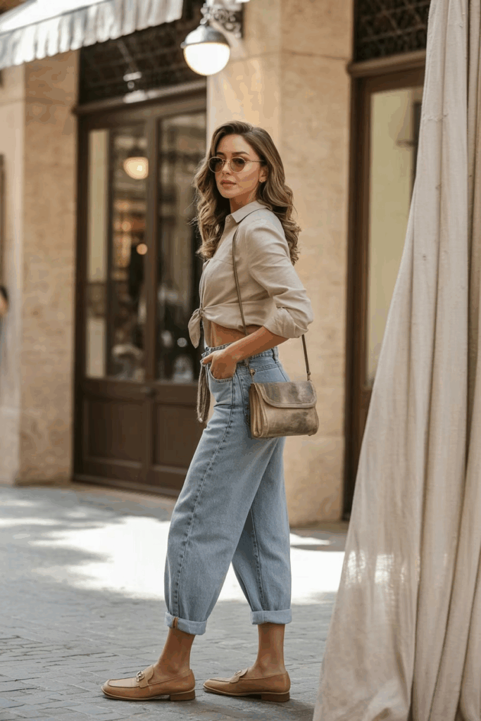 A woman wearing ankle-length baggy jeans softly cuffed, paired with a tucked-in beige linen shirt and tan loafers. She carries a small leather crossbody bag and wears round sunglasses with loose waves