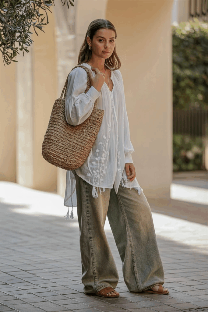 A woman wearing baggy jeans with a white puff-sleeve blouse with subtle embroidery, brown leather sandals, a woven straw bag