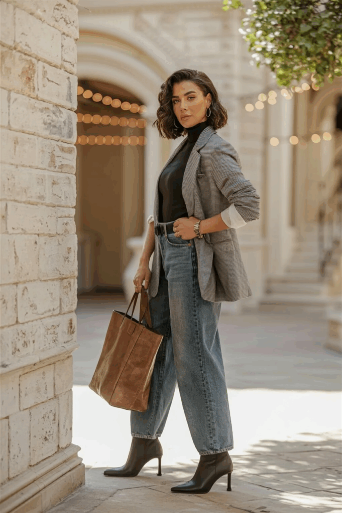 A woman wearing black heeled ankle boots under wide baggy jeans, a fitted black turtleneck, a grey blazer, a leather tote bag