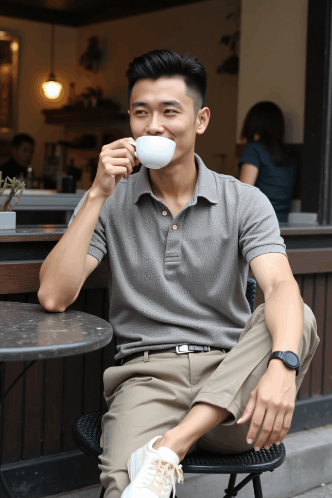 An Asian man in a textured polo, light khaki pleated trousers, and cream sneakers