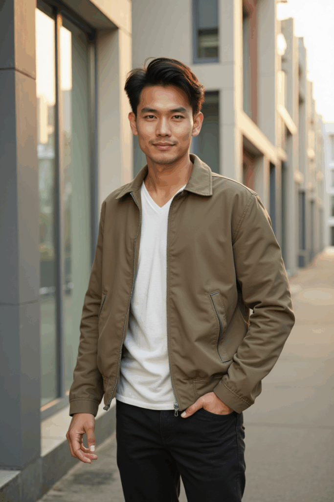 asian man in a khaki coach jacket