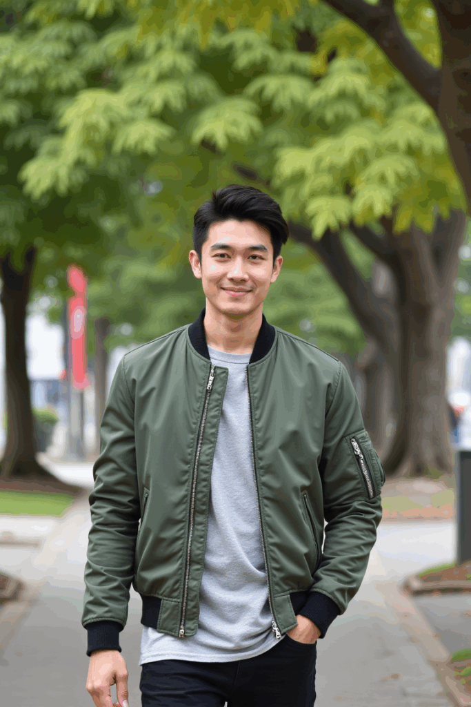 asian man in a sage green bomber jacket layered over a tee