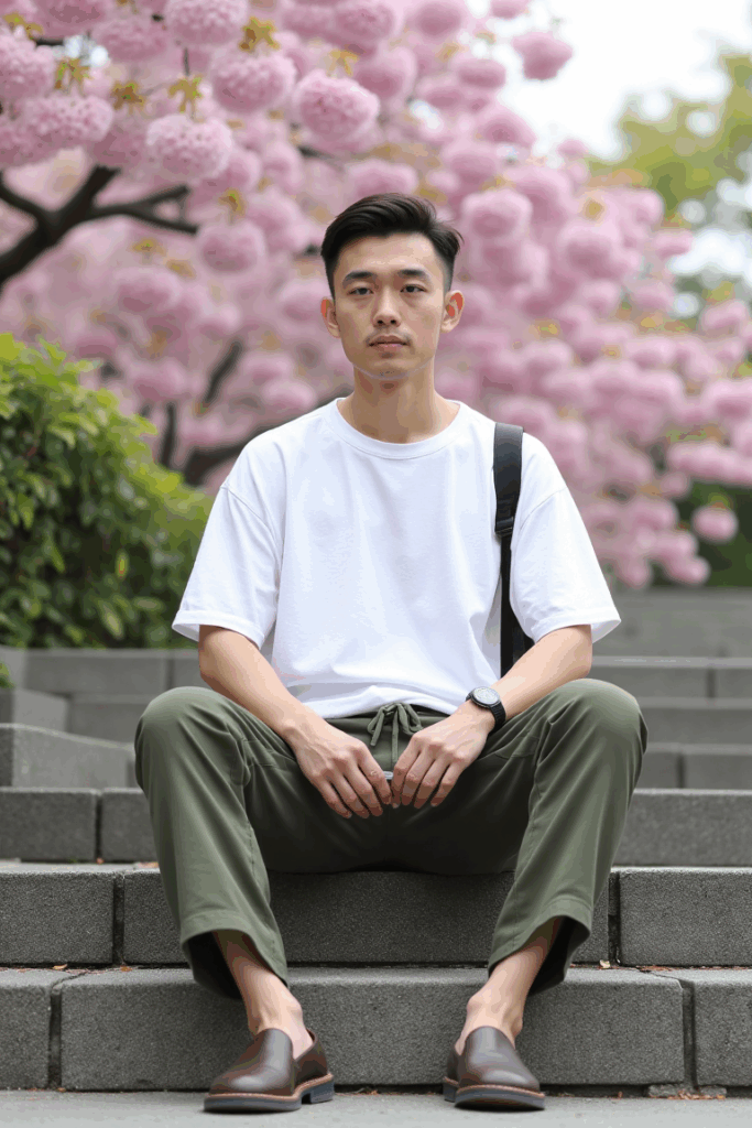 Asian man in a White oversized cotton tee tucked into olive drawstring pants, minimal leather slip-ons, small side backpack