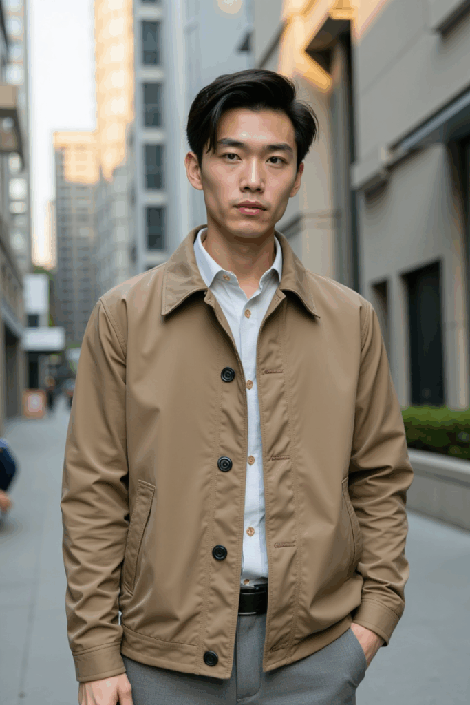 Asian wearing a khaki coach jacket