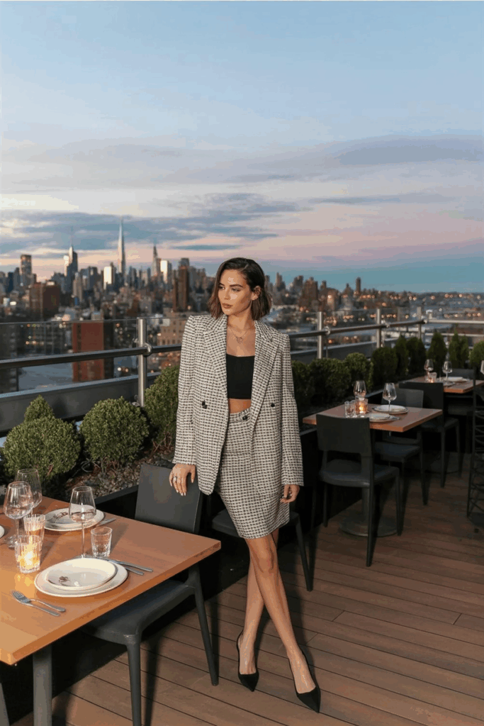 woman wearing a tailored tweed blazer over a pencil skirt