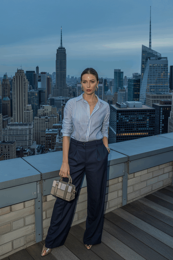 woman in navy high-waisted tailored trousers and a tucked-in striped blouse, holding a structured handbag