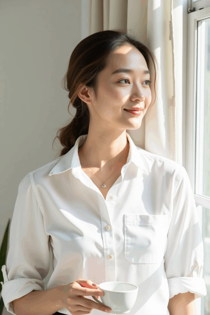 Close-up of an beautiful woman wearing a crisp white cotton poplin button-down shirt